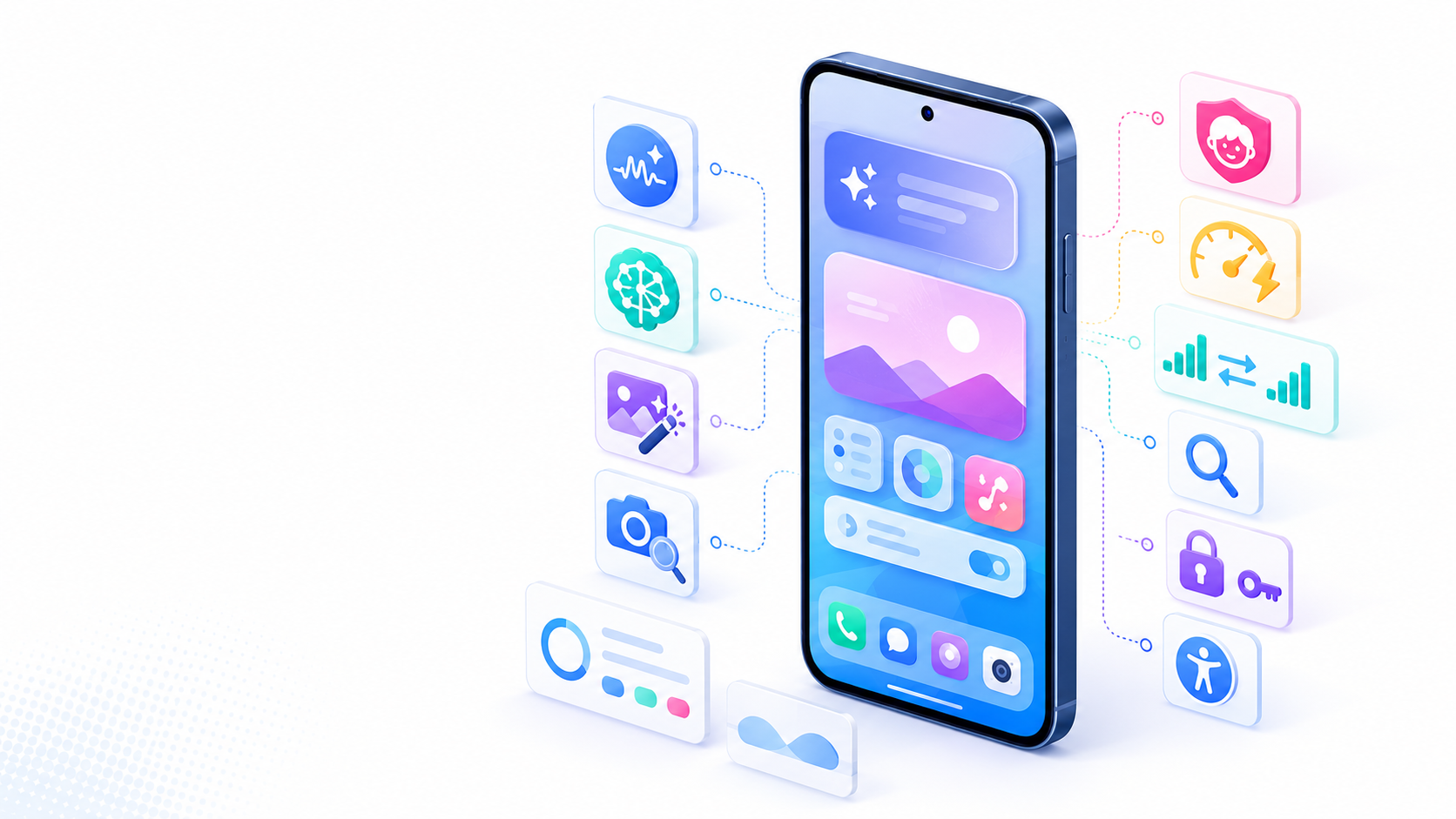 iOS 27 features shown around a modern smartphone