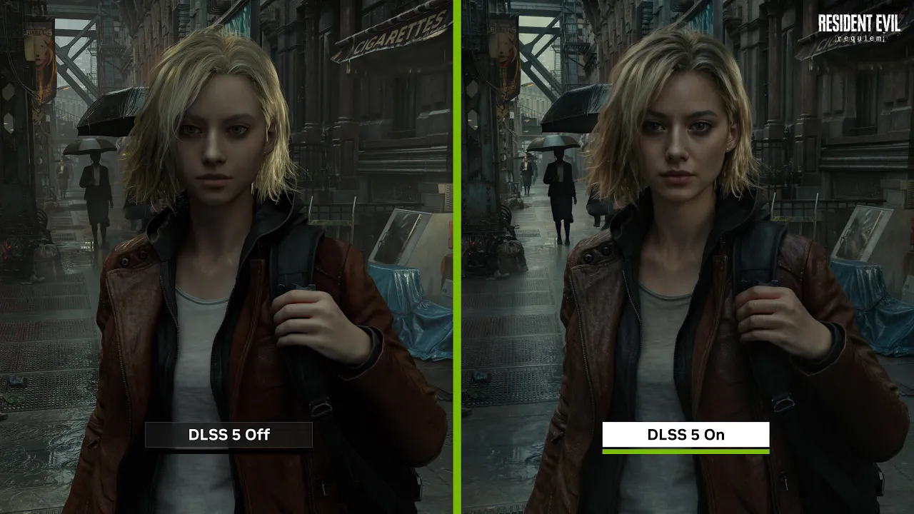 Comparison of traditional game graphics and NVIDIA DLSS 5 neural rendering